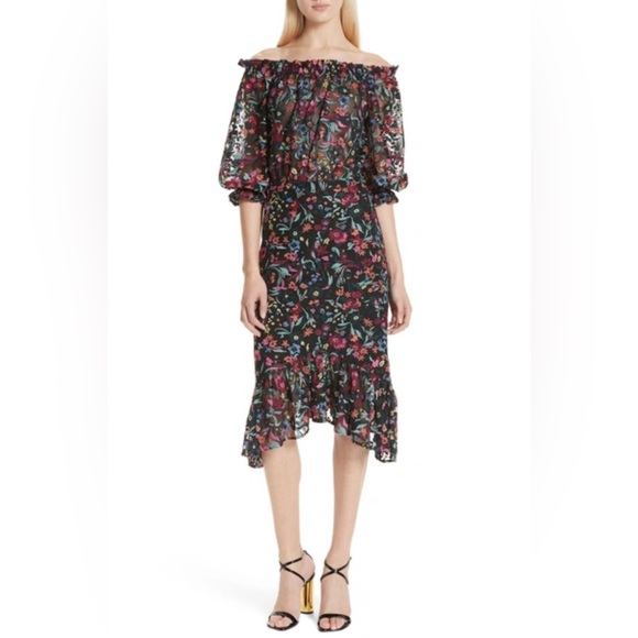 Saloni Grace Floral Embroidered Off The Shoulder Tulle Dress Size US
